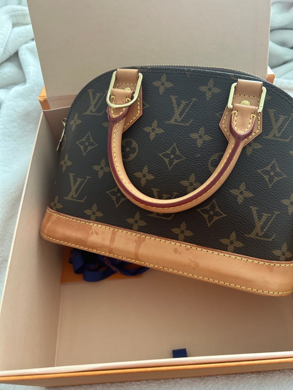Louis Vuitton Brown Monogram Alma Satchel with Natural Trim